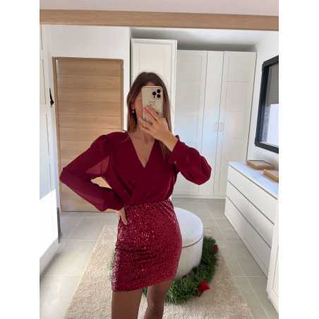 robe bordeaux manches longues sequins pailleté noël fêtes mode tendance look grecy hiver