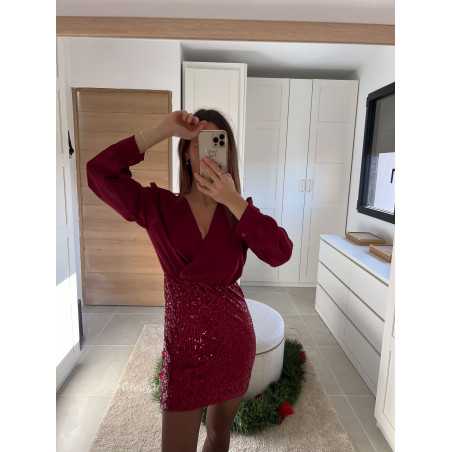 robe bordeaux manches longues sequins pailleté noël fêtes mode tendance look grecy hiver