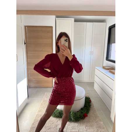 robe bordeaux manches longues sequins pailleté noël fêtes mode tendance look grecy hiver