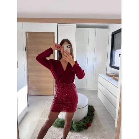 robe bordeaux manches longues sequins pailleté noël fêtes mode tendance look grecy hiver