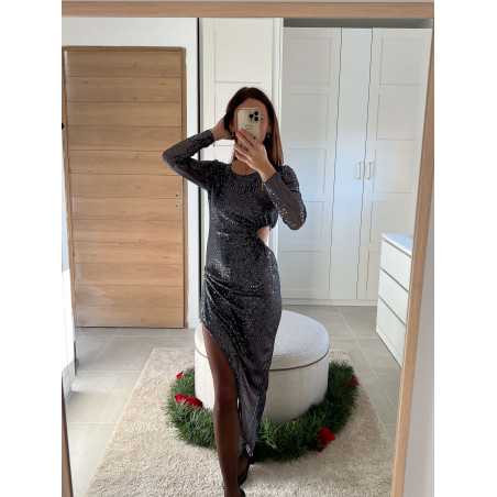 robe longue manches longues sequins pailleté grise ouverte côté fendue noël fêtes mode tendance look grecy hiver