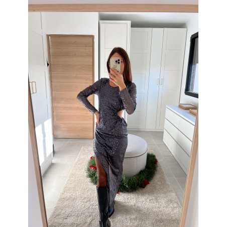 robe longue manches longues sequins pailleté grise ouverte côté fendue noël fêtes mode tendance look grecy hiver