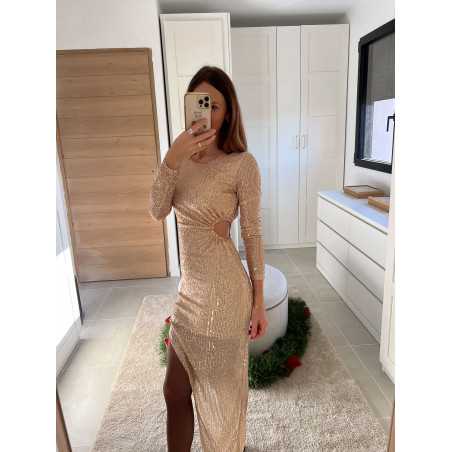 robe longue manches longues sequins pailleté dorée or ouverte côté fendue noël fêtes mode tendance look grecy hiver