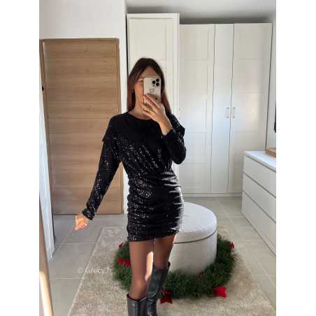 robe courte noire manches longues sequins pailleté dorée or ouverte côté fendue noël fêtes mode tendance look grecy hiver