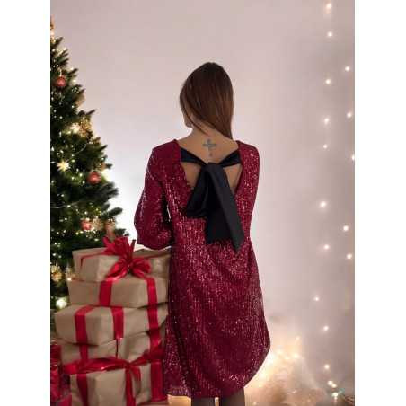 Robe bordeaux sequins noeud dos Noël fêtes Grecy tenue look