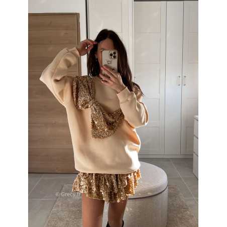 sweat beige oversize gros noeud sequins or doré pailleté noël fêtes mode tendance look grecy hiver