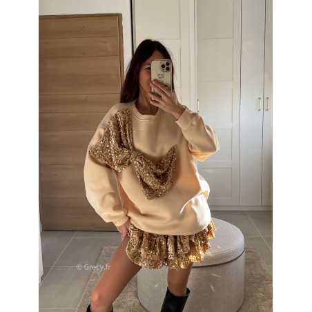 sweat beige oversize gros noeud sequins or doré pailleté noël fêtes mode tendance look grecy hiver