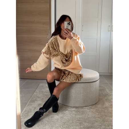 sweat beige oversize gros noeud sequins or doré pailleté noël fêtes mode tendance look grecy hiver