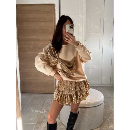 sweat beige oversize gros noeud sequins or doré pailleté noël fêtes mode tendance look grecy hiver