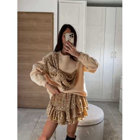 sweat beige oversize gros noeud sequins or doré pailleté noël fêtes mode tendance look grecy hiver