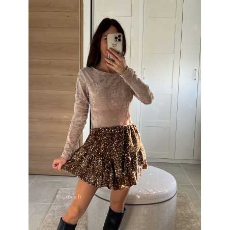 Body velours beige manches longues tenue de fête Noel grecy mode tendance look