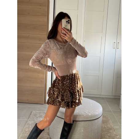 Body velours beige manches longues tenue de fête Noel grecy mode tendance look