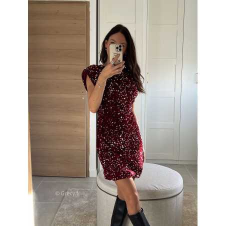 robe bordeaux sequins velours manches courtes tenue de fête Noel grecy mode tendance look