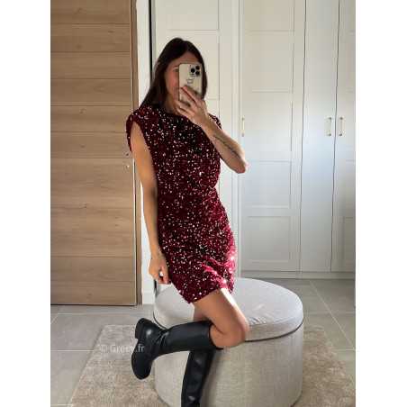 robe bordeaux sequins velours manches courtes tenue de fête Noel grecy mode tendance look