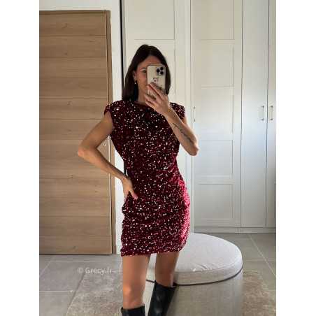 robe bordeaux sequins velours manches courtes tenue de fête Noel grecy mode tendance look