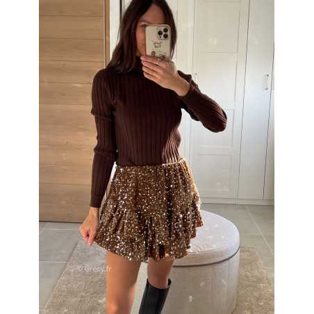 Jupe short sequins marron chocolat tenue de fête Noel grecy mode tendance look