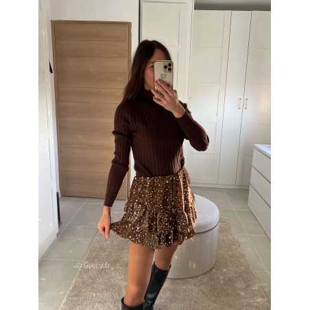 Jupe short sequins marron chocolat tenue de fête Noel grecy mode tendance look