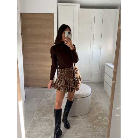 Jupe short sequins marron chocolat tenue de fête Noel grecy mode tendance look