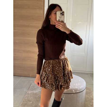 Jupe short sequins marron chocolat tenue de fête Noel grecy mode tendance look