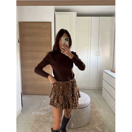 Jupe short sequins marron chocolat tenue de fête Noel grecy mode tendance look