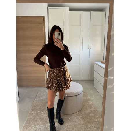 Jupe short sequins marron chocolat tenue de fête Noel grecy mode tendance look