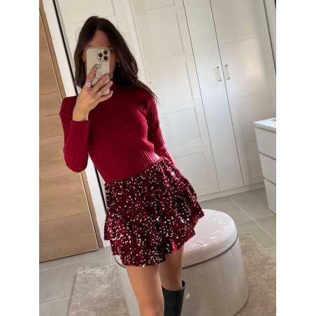 Jupe short sequins bordeaux tenue de fête Noel grecy mode tendance look