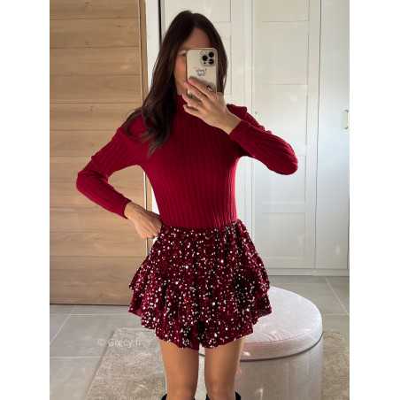 Jupe short sequins bordeaux tenue de fête Noel grecy mode tendance look