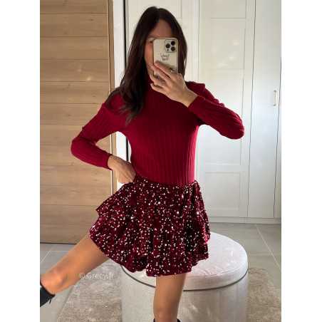 Jupe short sequins bordeaux tenue de fête Noel grecy mode tendance look