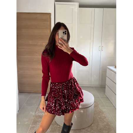 Jupe short sequins bordeaux tenue de fête Noel grecy mode tendance look