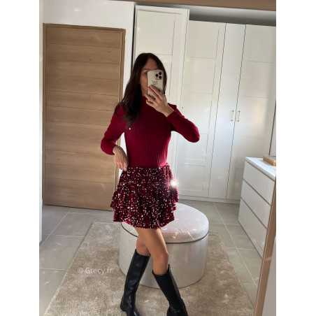 Jupe short sequins bordeaux tenue de fête Noel grecy mode tendance look