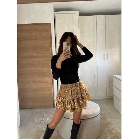 Jupe short sequins doré or tenue de fête Noel grecy mode tendance look