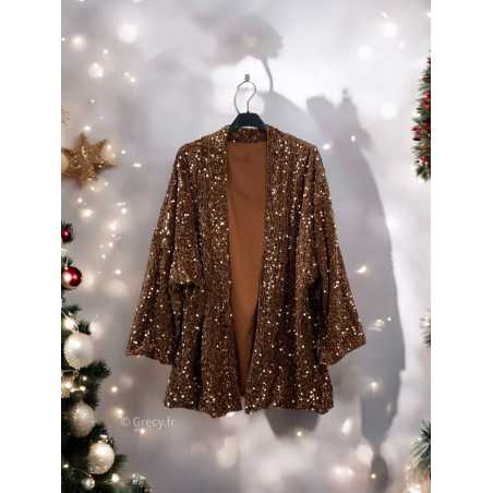 veste blazer sequins marron chocolat camel pailleté fêtes tendance mode grecy look automne hiver 2024