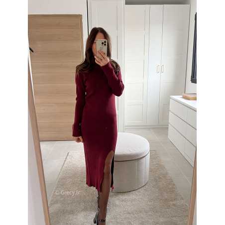 robe pull longue bordeaux fendue col roulé tendance mode grecy look automne hiver 2024