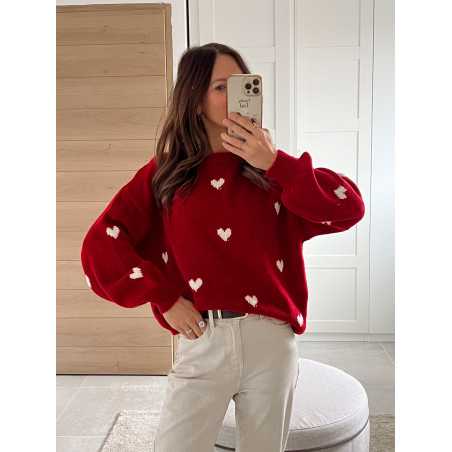 pull rouge coeurs tendance mode grecy look automne hiver 2024