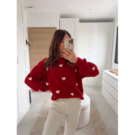 pull rouge coeurs tendance mode grecy look automne hiver 2024