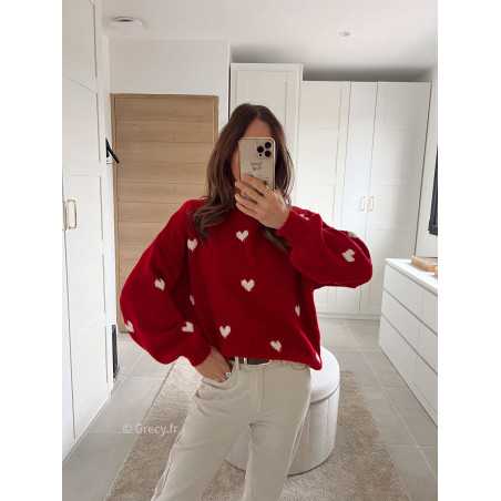 pull rouge coeurs tendance mode grecy look automne hiver 2024