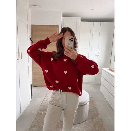 pull rouge coeurs tendance mode grecy look automne hiver 2024