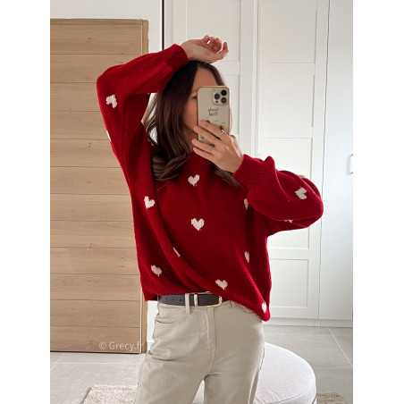 pull rouge coeurs tendance mode grecy look automne hiver 2024