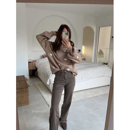 Jean taupe marron wide leg taille haute confortable grecy mode tendance intemporel