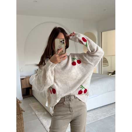 pull beige motif cerises maille mode tendance look grecy