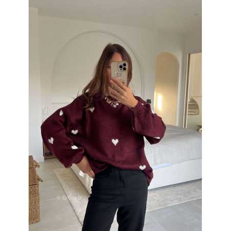 pull coeurs bordeaux maille tendance mode grecy look automne hiver 2024