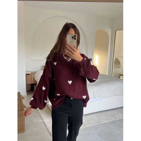 pull coeurs bordeaux maille tendance mode grecy look automne hiver 2024