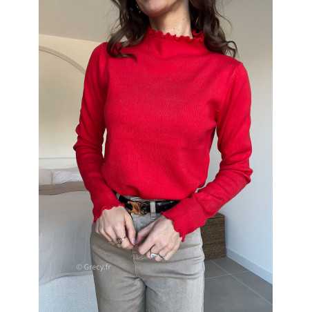 Pull col montant volants rouge mode grecy look tendance 2025