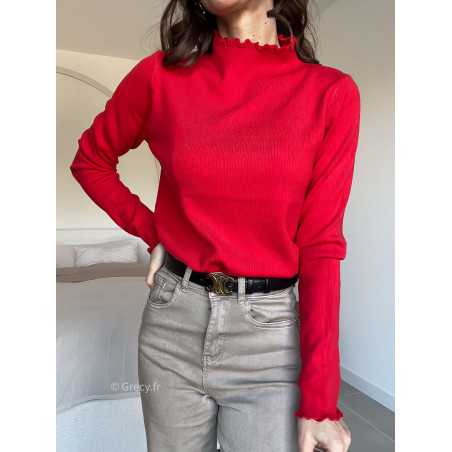 Pull col montant volants rouge mode grecy look tendance 2025