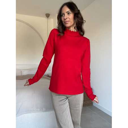 Pull col montant volants rouge mode grecy look tendance 2025