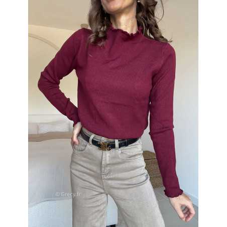 Pull col montant volants bordeaux mode grecy look tendance 2025