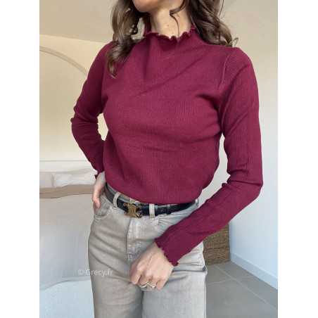 Pull col montant volants bordeaux mode grecy look tendance 2025