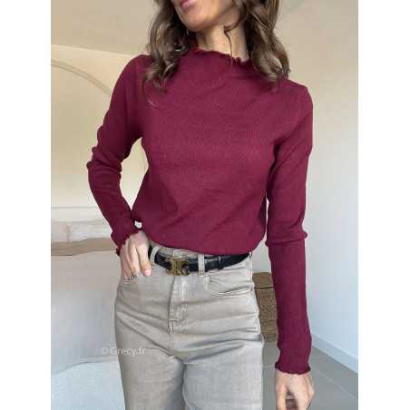 Pull col montant volants bordeaux mode grecy look tendance 2025