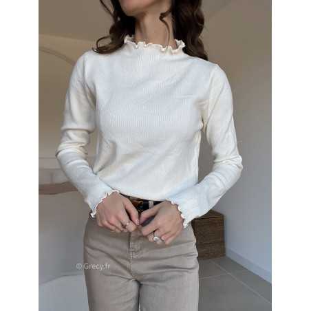 Pull col montant volants blanc écru mode grecy look tendance 2025