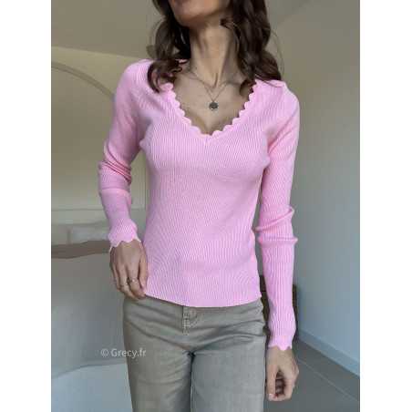 Pull col V dentelé rose mode grecy look tendance 2025